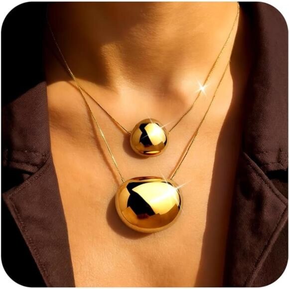 Chunky Elliptical Pendant Necklace Set – Adjustable Stainless Steel Chain - Picture 2 of 6